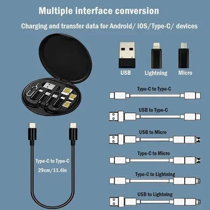 All-in-One 60W USB Fast Charging Travel Cable Set with Type-C, Lightning & Micro USB, Mobile Stand, Black