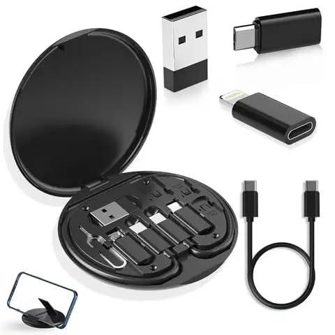 All-in-One 60W USB Fast Charging Travel Cable Set with Type-C, Lightning & Micro USB, Mobile Stand, Black