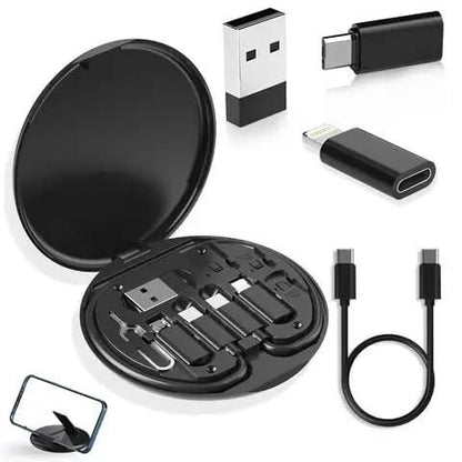All-in-One 60W USB Fast Charging Travel Cable Set with Type-C, Lightning & Micro USB, Mobile Stand, Black